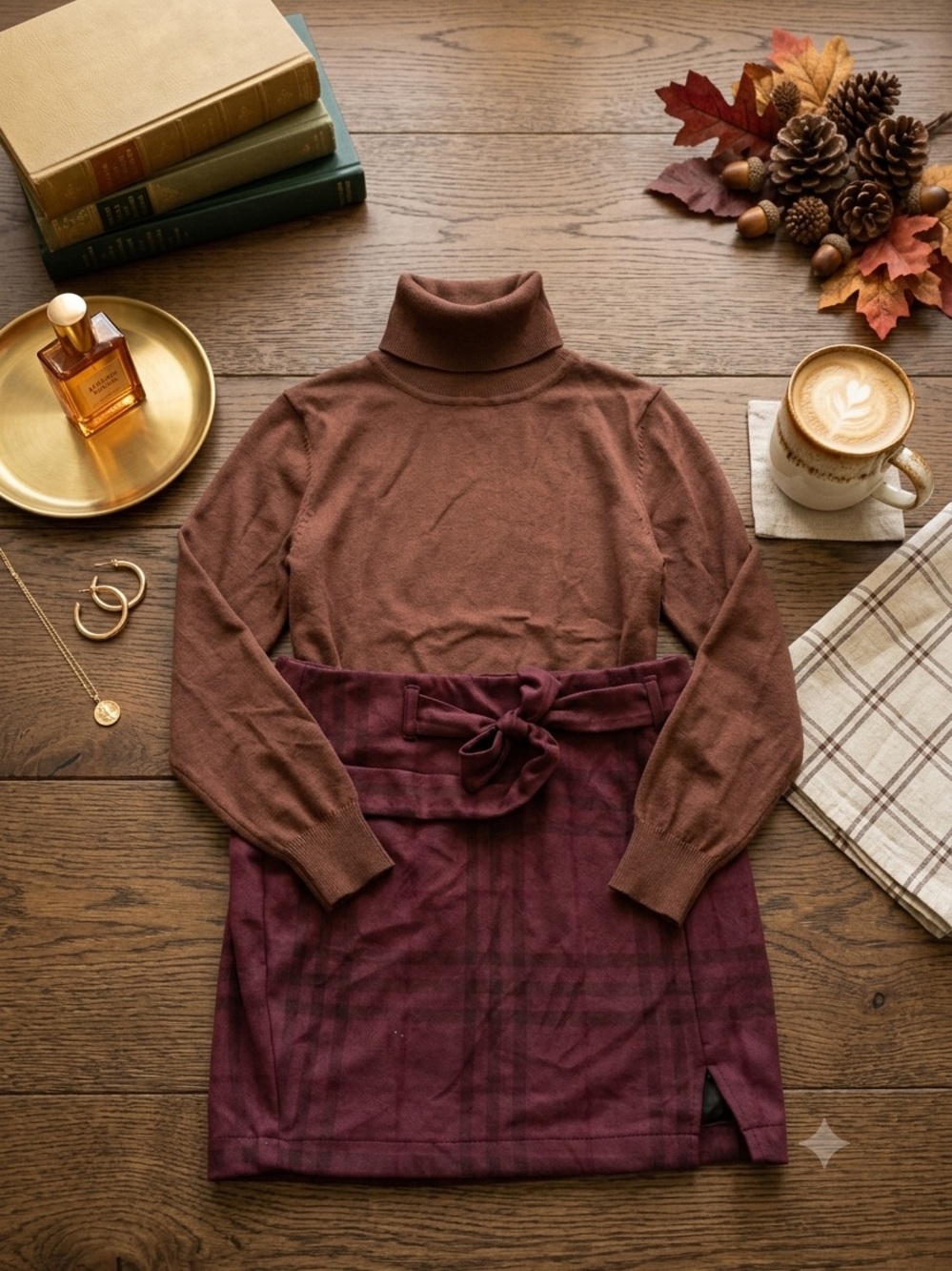 Soho Brown Turtleneck Sweater with Burgundy Skirt Set